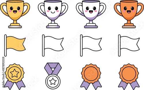 Cute Trophy and Medal Icon Set  Smiling Awards and Prize Cups