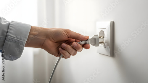 Hand with a plug being inserted into an electric socket