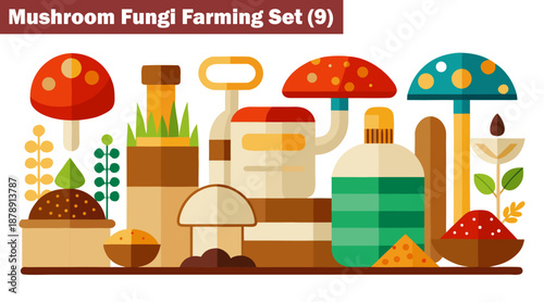 Mushroom fungi farming set: nine tools and equipment, process flat vector illustration.