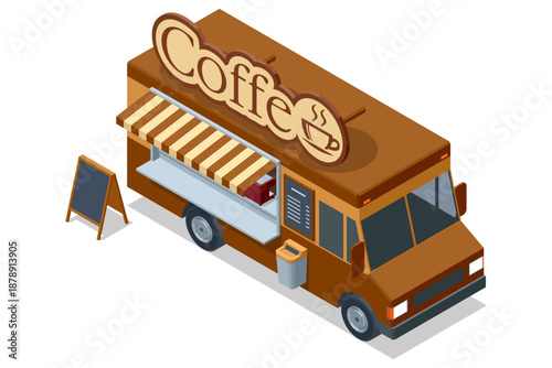 Isometric illustration of a coffee food truck with service window and menu board, street cafe vehicle for hot drink takeaway, urban mobile business concept.