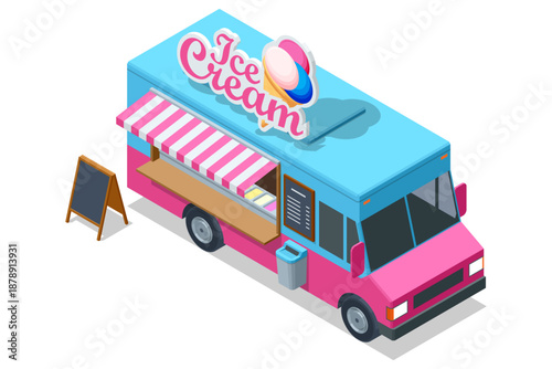 Ice cream food truck. Isometric illustration of an ice cream food truck with service window and signboard, colorful dessert vehicle for street sales, summer sweet food concept.
