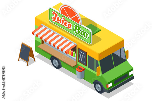 Juice bar food truck. Isometric illustration of a juice bar food truck with colorful bottles and service window, mobile fresh drink stand, healthy street food business concept