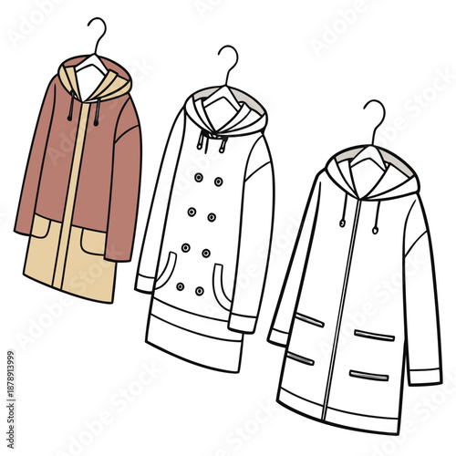 Three different coats on hangers