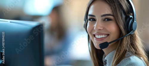 Professional customer support agent wearing headset in modern office environment, perfect for customer service operations, technical support teams, and business communication solutions