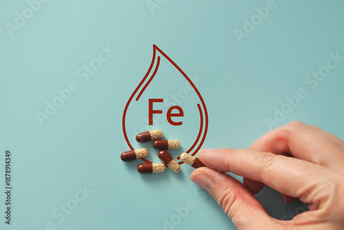 Photos Iron Supplement Concept with Pills and Drop Icon