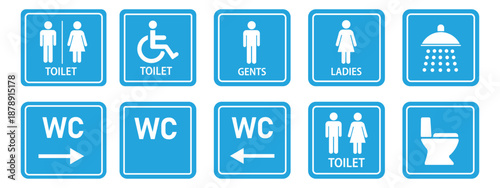 Toilet icons set. Men and women restroom icon sign right arrow. Disabled wheelchair icon. Girls and boys restrooms sign and symbol. bathroom sign. wc, lavatory. Collection of Toilet and Restroom Direc