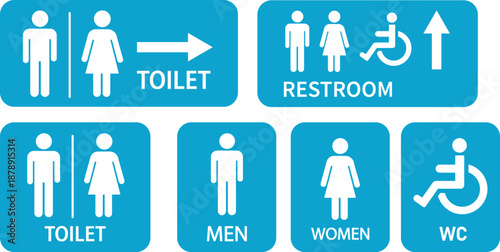 Washroom signs. Restroom or toilet door sign set gents, ladies, disabled, baby changing. WC sign. Female or male restroom. WC door plate symbol. Printable sticker. Vector illustration