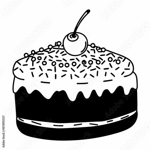 Delicious chocolate cake with frosting and cherry