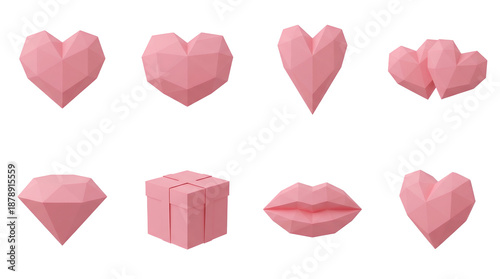 Pink low poly geometric heart set including diamond, gift box, lips, and romantic isolated. Valentine and wedding collection.