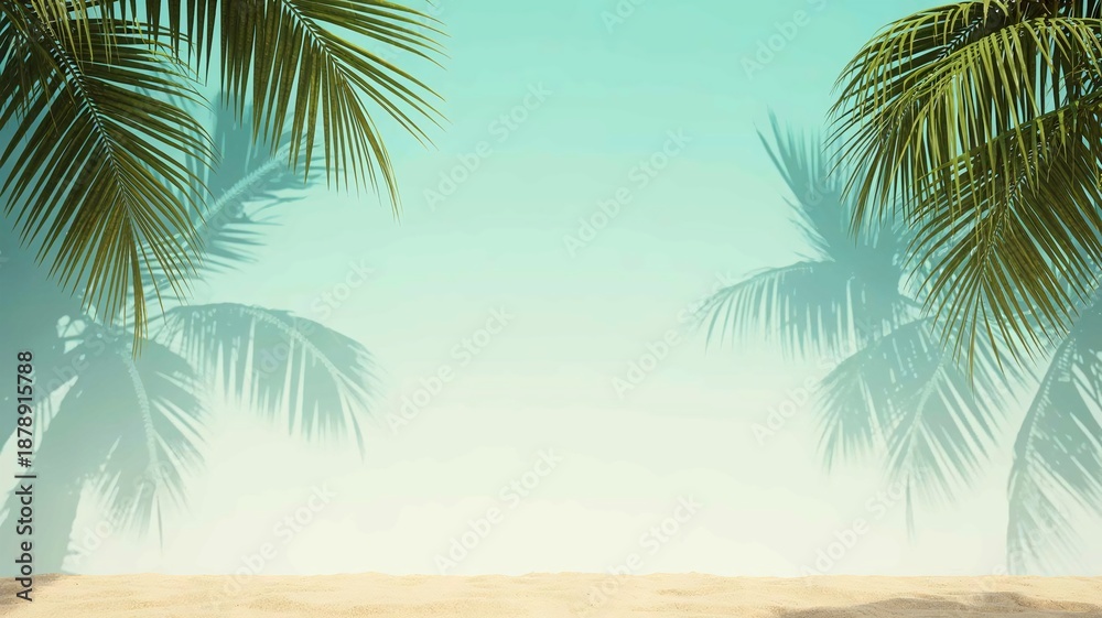 Fototapeta premium Minimal tropical summer background with soft turquoise and aqua gradient tones, gentle palm leaf shadows cast across the scene, realistic palm fronds entering from the top corners, smooth sandy surfac