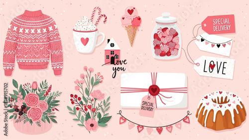 Valentine's Day celebration with gifts, desserts, and affectionate symbols in a festive digital illustration