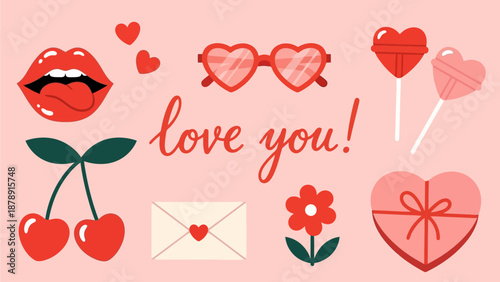 Valentine's Day illustration featuring hearts, lips, and romantic symbols in a playful digital artwork