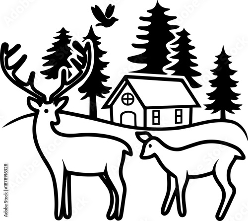 

SVG vector illustration of a wild nature hunting scene with deer and birds.Elegant Silhouette of Deer Among Nature Elements