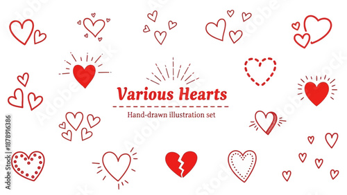 Various red hearts are illustrated in different styles and sizes on a white background.