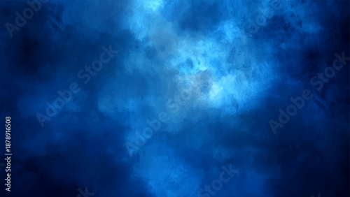 A blue grunge abstract background featuring dark storm clouds and smoke textures with a motion of light and fog through a deep night sky space