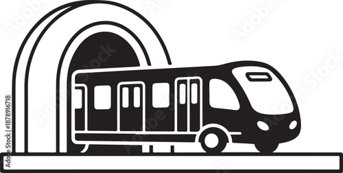 Black and white of a train entering a tunnel transportation subway