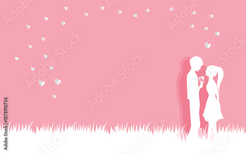 Couple embracing in a serene meadow surrounded by floating hearts from a distant viewpoint