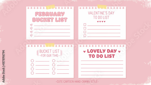 Collection of colorful to-do lists and bucket lists on a soft pink background, viewed from directly above