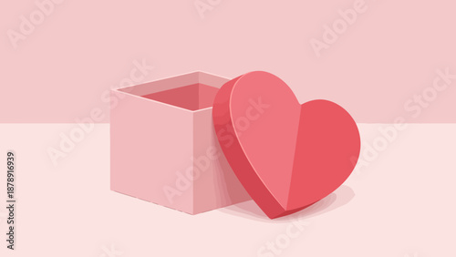 Open Pink Gift Box With Red Heart Shape Lid Presenting Love Surprise Concept Minimalist Clean Background Studio Shot For Valentine Mothers Day