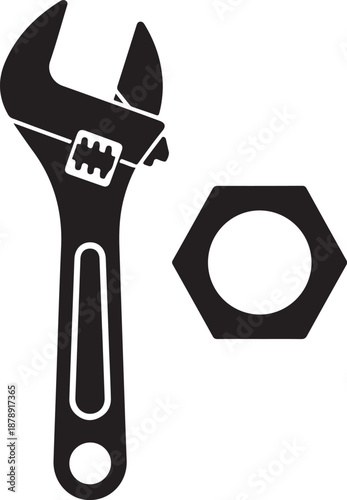 Black and white of adjustable wrench and hexagonal nut tool