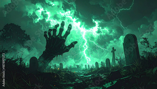 Ghostly hand rises from a graveyard under a stormy night sky with lightning striking in the background