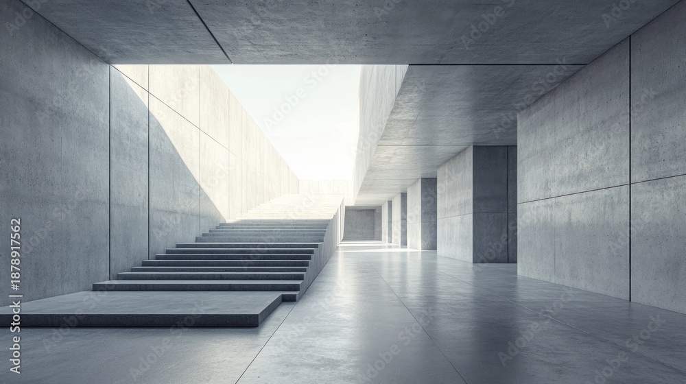 Obraz premium The minimalist interior with concrete walls and geometric staircases emphasises the conciseness of architectural concepts, serving as a backdrop for design portfolios or art projects.