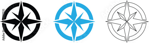Compass Rose Icon Set Vector – Navigation Wind Rose Symbols in Blue, Black and Outline