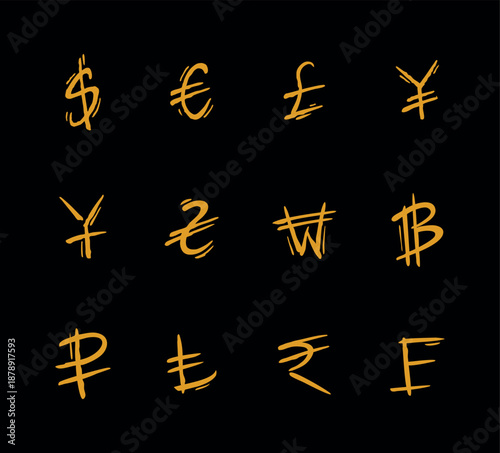 Editable vector illustration set with currency symbols from several countries around the world.
