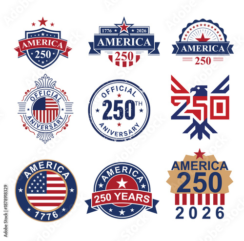 set of american flags, Vintage Style American 250th Independence Anniversary Badge, Classic USA 250th Anniversary Decorative Badge with Stars and Stripes