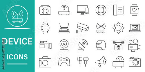 Devices line icon set. Electronic devices and gadgets icons for web and mobile app. Gadgets, electronics, computer, smartphone, technology, drone and more. Vector illustration. 