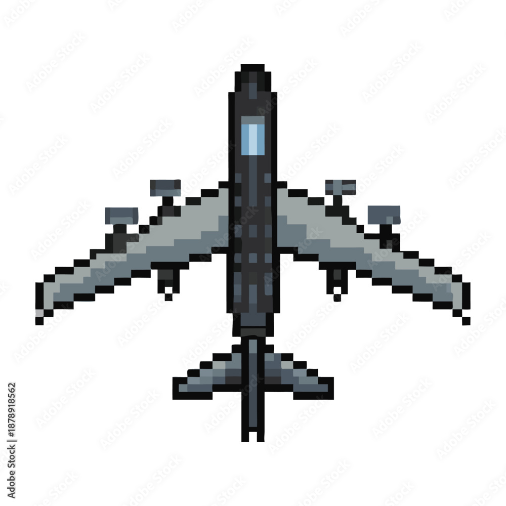 Obraz premium Pixel Art Heavy Strategic Military Bomber Aircraft Top Down