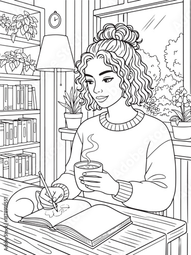 Cozy Woman Journaling with Coffee in a Peaceful Home Reading Corner Coloring Page Illustration