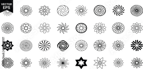 A collection of 28 unique black and white vector circular designs showcasing various patterns and shapes displayed on a clean background from a straightforward viewpoint