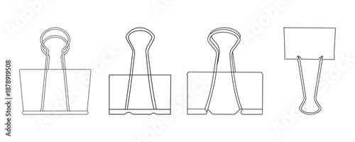 Binder Clip Icons Set in Multiple Styles – Minimal Black and White, Outline, Silhouette and Flat Color Office Supply Vector Illustration