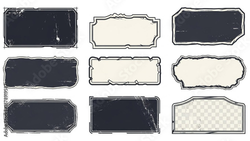 A collection of distressed rectangular frames and labels displayed together