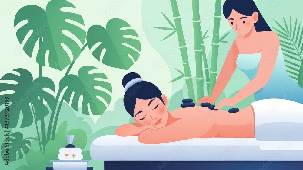 Obraz premium Prenatal Massage Using Black Stones on Spa Table Among Green Bamboo Leaves and Palm.jpg