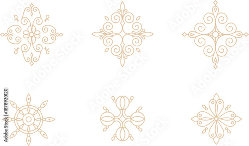 Six beige ornamental flourishes on white background