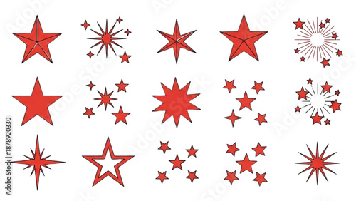 Collection of red star illustrations in various sizes and styles on a clean background viewed from directly above