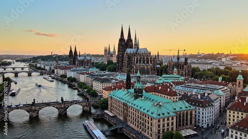Aerial Drone View of Cologne Cathedral and Rhine River at Sunset
