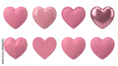 Pink heart set including matte, glossy, metallic, faceted, and fabric textured styles isolated. Romantic collection for Valentines Day and wedding design.