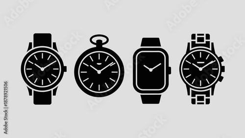 a collection of four distinct timekeeping devices is displayed in a monochromatic style showcasing varying watch designs and forms high quality professional detailed modern elegant stylish