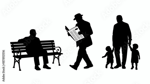 a black silhouette illustration depicts a family enjoying a leisurely moment in a park showcasing various ages and activities high quality professional detailed modern elegant stylish