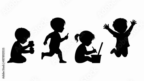 A silhouette illustration depicts the stages of childhood showcasing a baby toddler child drawing and a jumping child high quality professional detailed modern elegant stylish clean