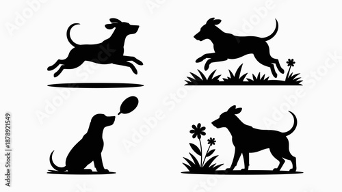 A collection of playful dog silhouettes depicts jumping fetching sitting and sniffing among floral elements showcasing canine energy and joyful interactions high quality professional detailed modern