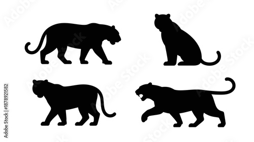 a striking collection of silhouetted tigers in various dynamic poses showcasing the majestic feline s power and grace in black and white high quality professional detailed
