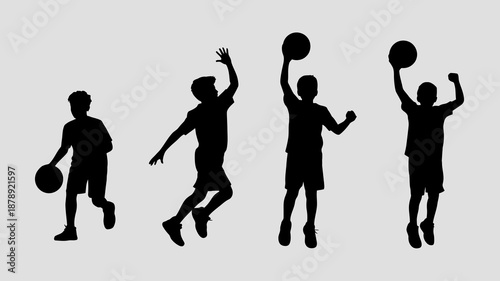 a silhouette illustration depicts four boys in various stages of playing basketball showcasing dynamic movement and youthful energy high quality professional detailed modern elegant stylish clean