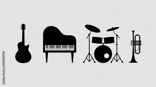 a minimalist depiction showcases a collection of musical instruments including a guitar piano drum kit and a brass trumpet against a light background high quality professional