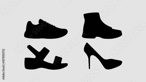 a minimalist presentation of various shoe silhouettes in black against a neutral gray backdrop showcasing differing styles and heel heights high quality professional detailed modern elegant