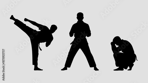 silhouette figures illustrate a dynamic martial arts scene with a kick a standing pose and a seated position capturing movement and discipline high quality professional detailed