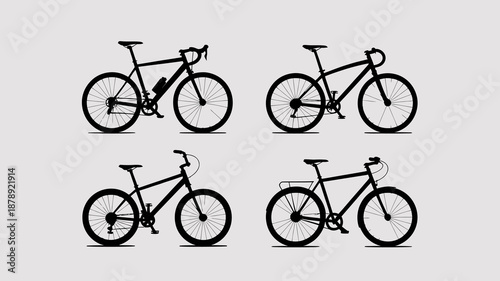 Four black silhouettes of bicycles are arranged in a grid pattern on a neutral gray background showcasing different bike styles high quality professional detailed modern elegant